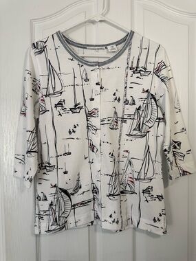 Nautical Print Button-Front Women’s Top - White with Navy & Red Accents